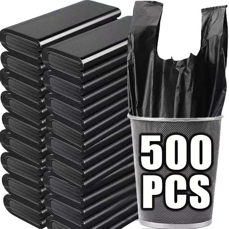 10/500PCS Disposable Black Garbage Bag Durable Handheld Vest Garbage Bag Kitchen Bedroom Toilet Household Storage Tools