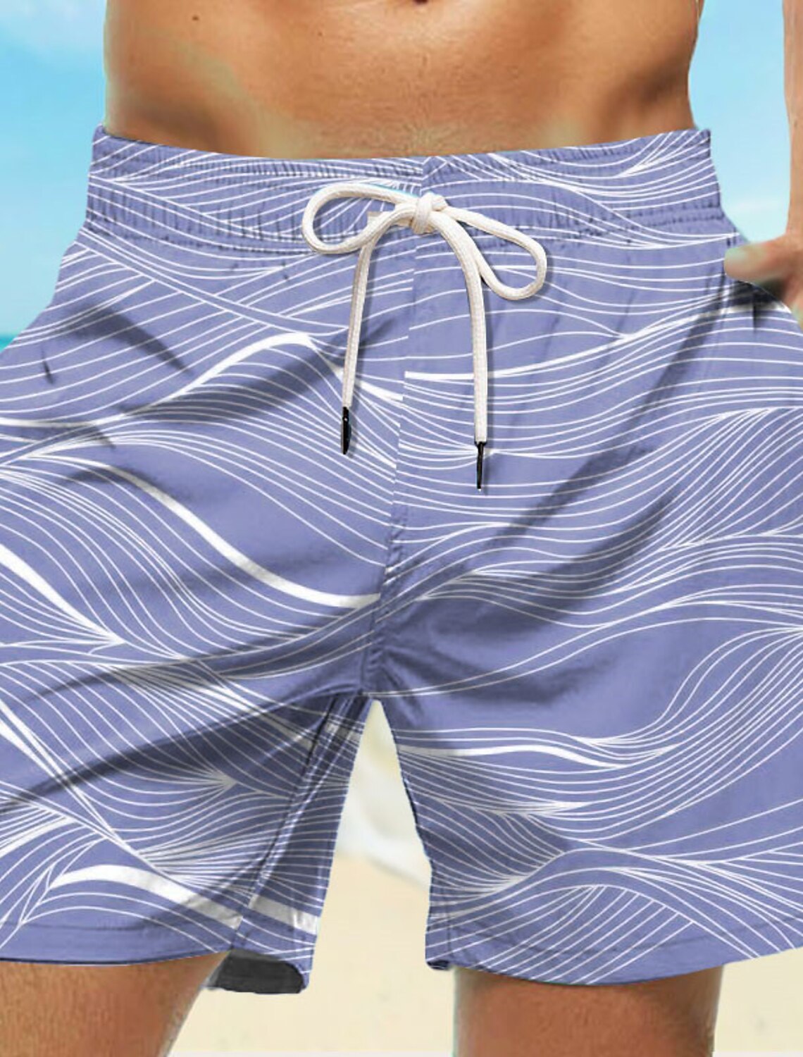 Herreshorts med snor, bølger, grafiske trykk, hurtigtørkende, avslappede hawaii-shorts: M / Blå