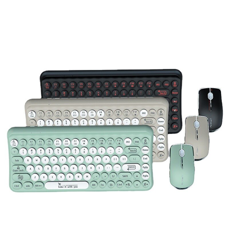 PQPYC 2.4G Wireless Keyboard Set Mixed Shuangpin Color Round punk keycap Keyboard Mouse Laptop Notebook PC Girls