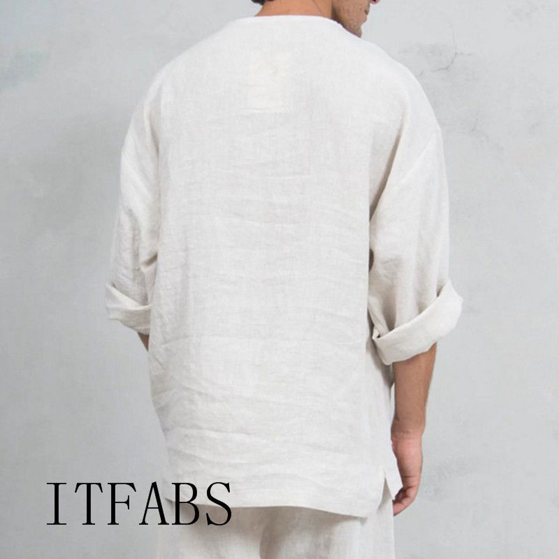 Hommes à manches longues chemise en lin lâche été décontracté col en v dessus de chemise M-3XL Tee-Shirt ethnique lâche grande taille couleur unie chemises