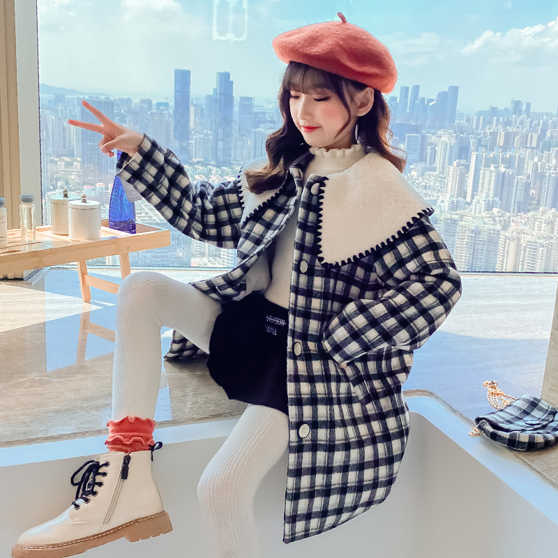 Abiti in misto lana scozzese stile x-long per ragazze colletto grande bambini caldi autunno inverno cappotti per bambini abbigliamento per ragazze adolescenti 4-14 anni