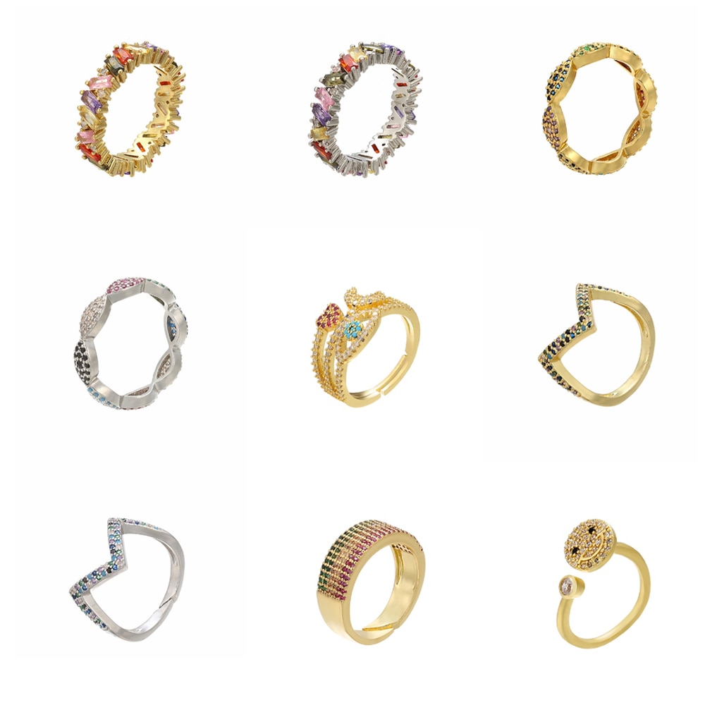 HECHENG Regenbogen Cz Stein Stapeln Ring Für Frauen Geometrische Wellen Lächeln Gold Silber Farbe Stangenbrot CZ VJ8