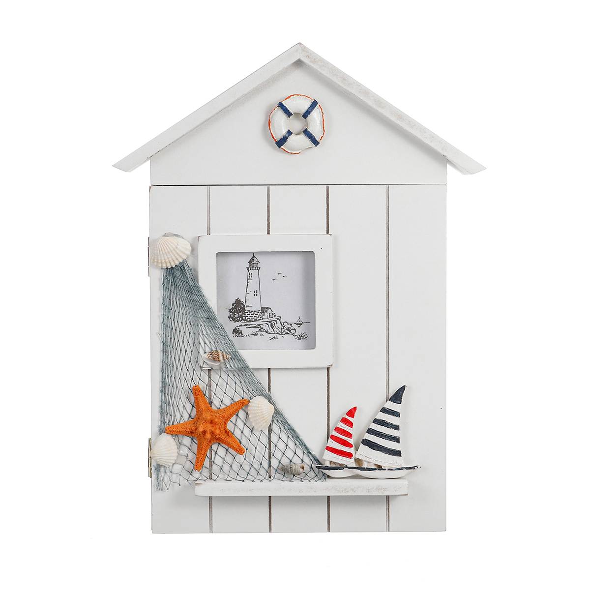 Caja para llaves con forma de casa de estilo mediterráneo de madera, organizador de pared colgante 18x5x30cm, almacenamiento y organización del hogar: D