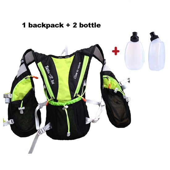 Ultra-tri trail løb rygsæk let udendørs sports taske vandreture camping race træning vest pakke 8l: Grøn med 2 flasker