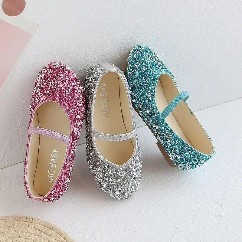 2025 Lente 1 tot 12 jaar oude meisjes kleden Schoenen Schoonheid Puntschoen Tienermeisje Leren Schoenen Bling Prinses Trouwschoenen