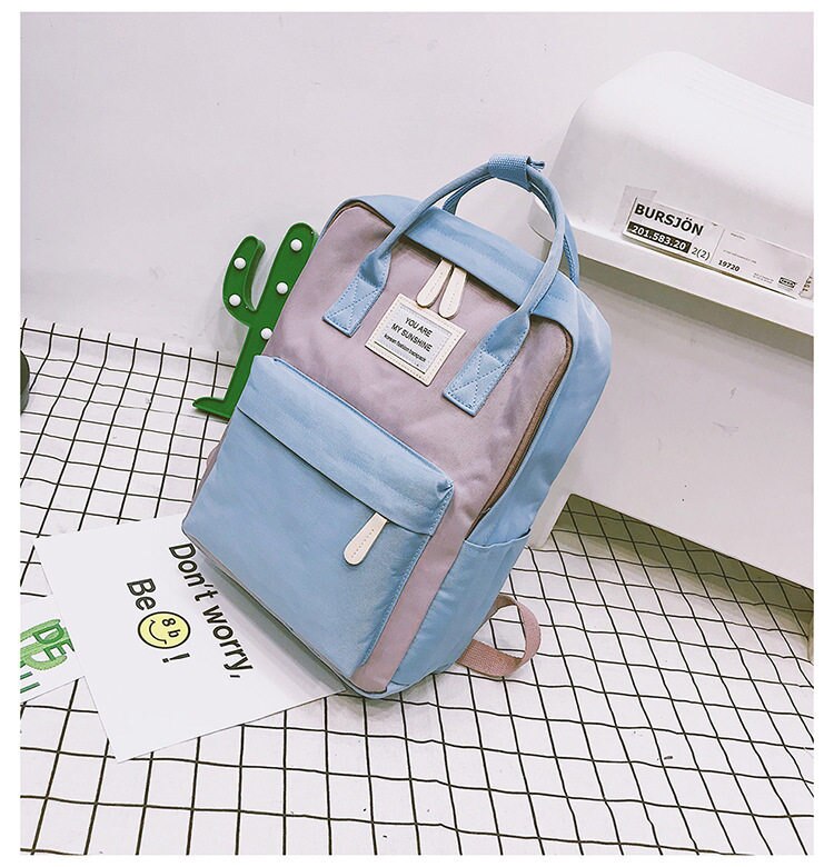 Mochila de lona para mujer , mochila impermeable de color caramelo para Chica adolescente, bolso escolar, mochila portátil grande bonita, mochila de de retazos: Azul cielo