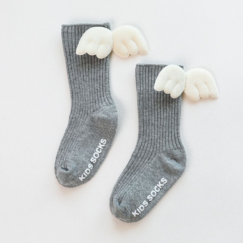 Angel Wings Baby Socks Spring Autumn Cotton Baby Girls Socks Solid Color Anti-Slip Kids Children Middle Tube Sock Sokken 1-3Y: gray