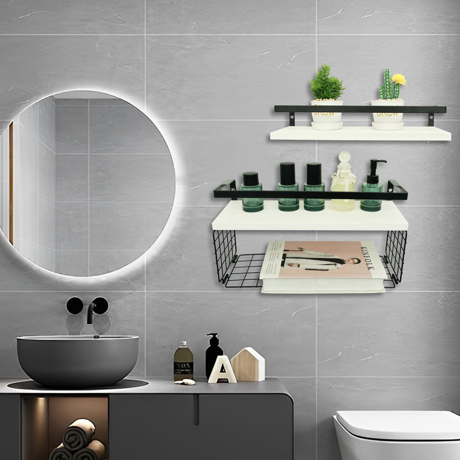 Estantes flotantes montados en la pared, estantería de madera para baño con barandilla protectora de Metal, estante de almacenamiento abierto resistente para cocina y baño