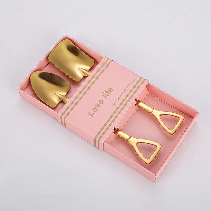 2pcs Coffee Spoon Cutlery Set Stainless Steel Retro Iron Shovel Ice Cream Fruit Spoon Scoop Spoon Tea-spoon Tableware: Golden Pink box