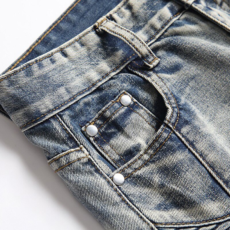 Men Vintage Biker Jeans Streetwear Holes Ripped Distressed Denim Pants Slim Straight Trousers