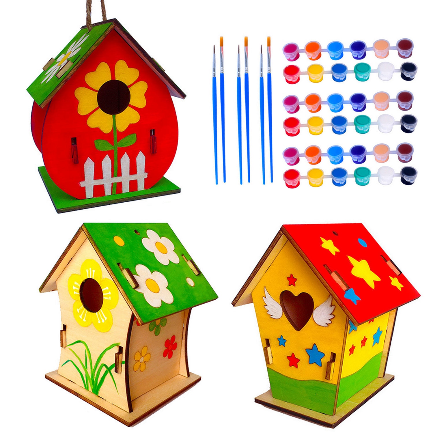 3 sæt diy aktiviteter træ kunst håndværk fuglehus fuglehus med børster maling til børn børn småbørn hjem