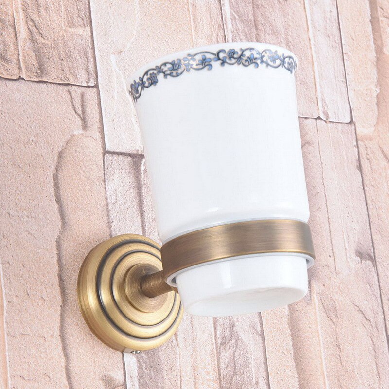 Antique Brass Single Toothbrush Holder With Ceramic Flower Cup Wall Mounted Bathroom Accessories aba744