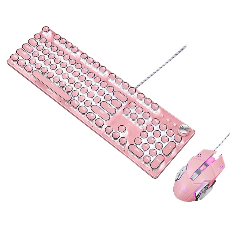 Retro Punk Mechanical Lipstick Metal Keyboard Mouse Set Round Key for Laptop Desktop Computer Keyboard Accessories: d