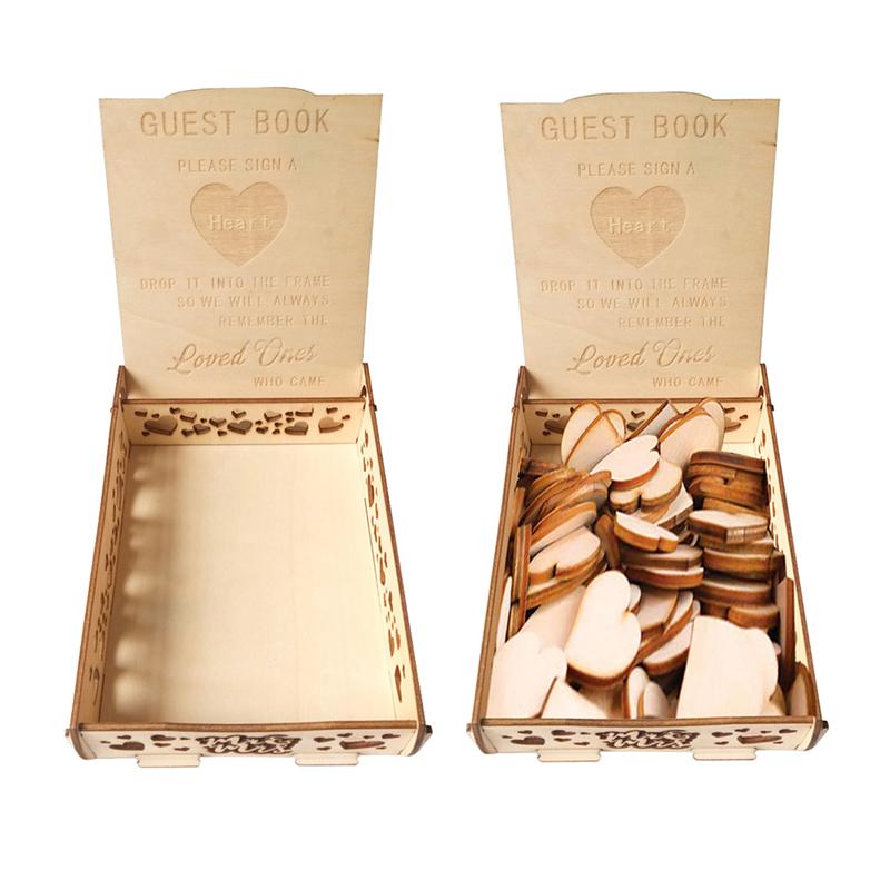 Libro de invitados de madera Retro caja de firmas de boda de madera caja de almacenamiento de piezas de madera en forma de corazón (no contiene bloques en forma de corazón)