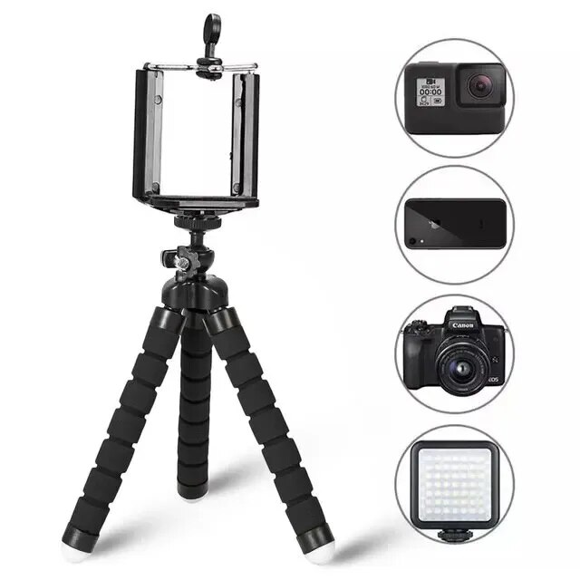 Treppiede per telefono flessibile spugna polpo Mini treppiede per IPhone Mini fotocamera treppiede supporto per telefono Clip Stand: Black