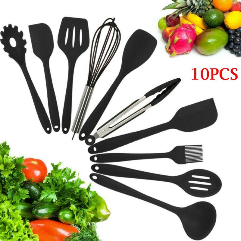 10Pcs Silicone Keukengereedschap Farberware Spoonula Spatel Lepels Turner Garde Koken Gereedschap Rood Zwart