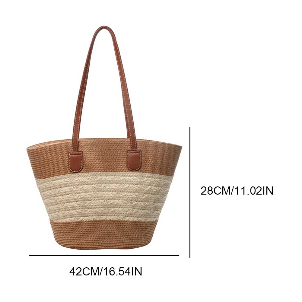 Dame tote taske med lynlås stribe vævet ferietaske stor kapacitet håndlavet taske ensfarvet til shopping arbejde strandtaske