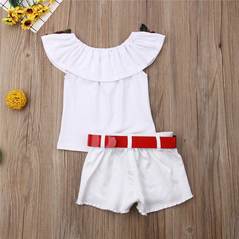 Kids Clothes Girls Rose Flower Off Shoulder Tops+Denim Shorts Baby Girl Summer Outfits Toddler 2PCS Clothes