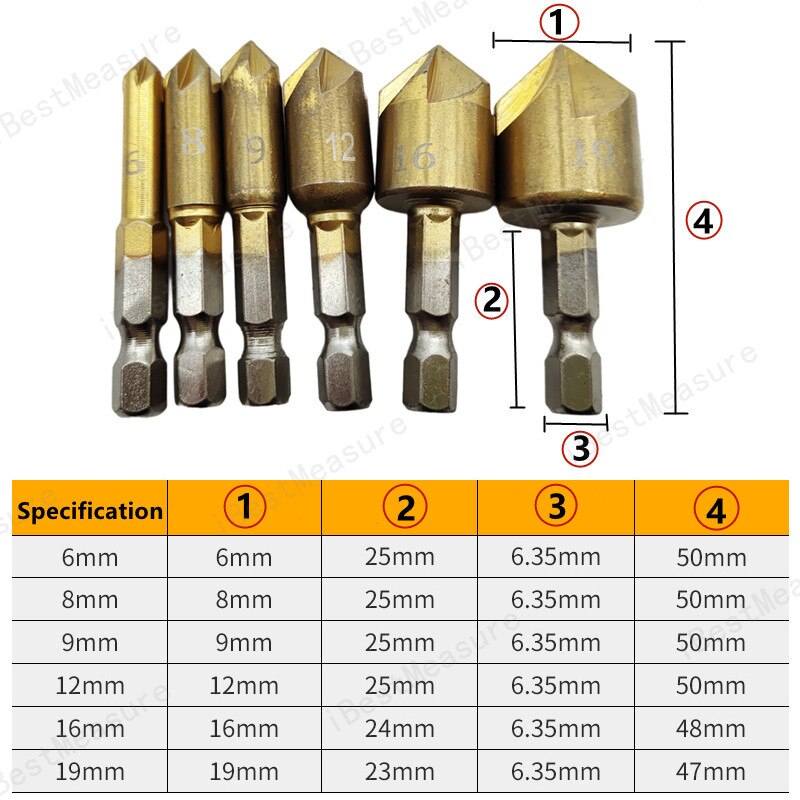 6 Pcs Verzinkboor Boor Set 1/4 &#39;&#39;Hex Shank Hss 5 Fluit Verzinkboor 90 Graden Hout Afkanten Cutter Afschuining 6Mm-19Mm