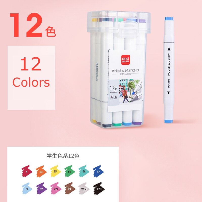 Deli Markers Pen 12-80 Kleur Sketch Art Marker Borstel Set Dubbel Tips Alcoholische Pennen Voor Kunstenaar Manga Markers art Supplies School: 12colors