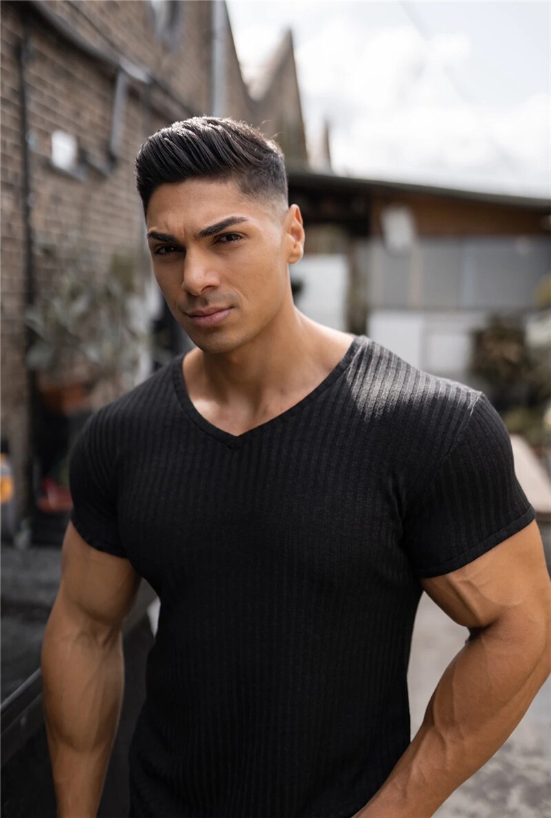 Zomer hardloopshirt met v-hals en korte mouwen, gebreid t-shirt voor heren, sportshirt, slim fit t-shirt, fitness, bodybuilding, trainingskleding