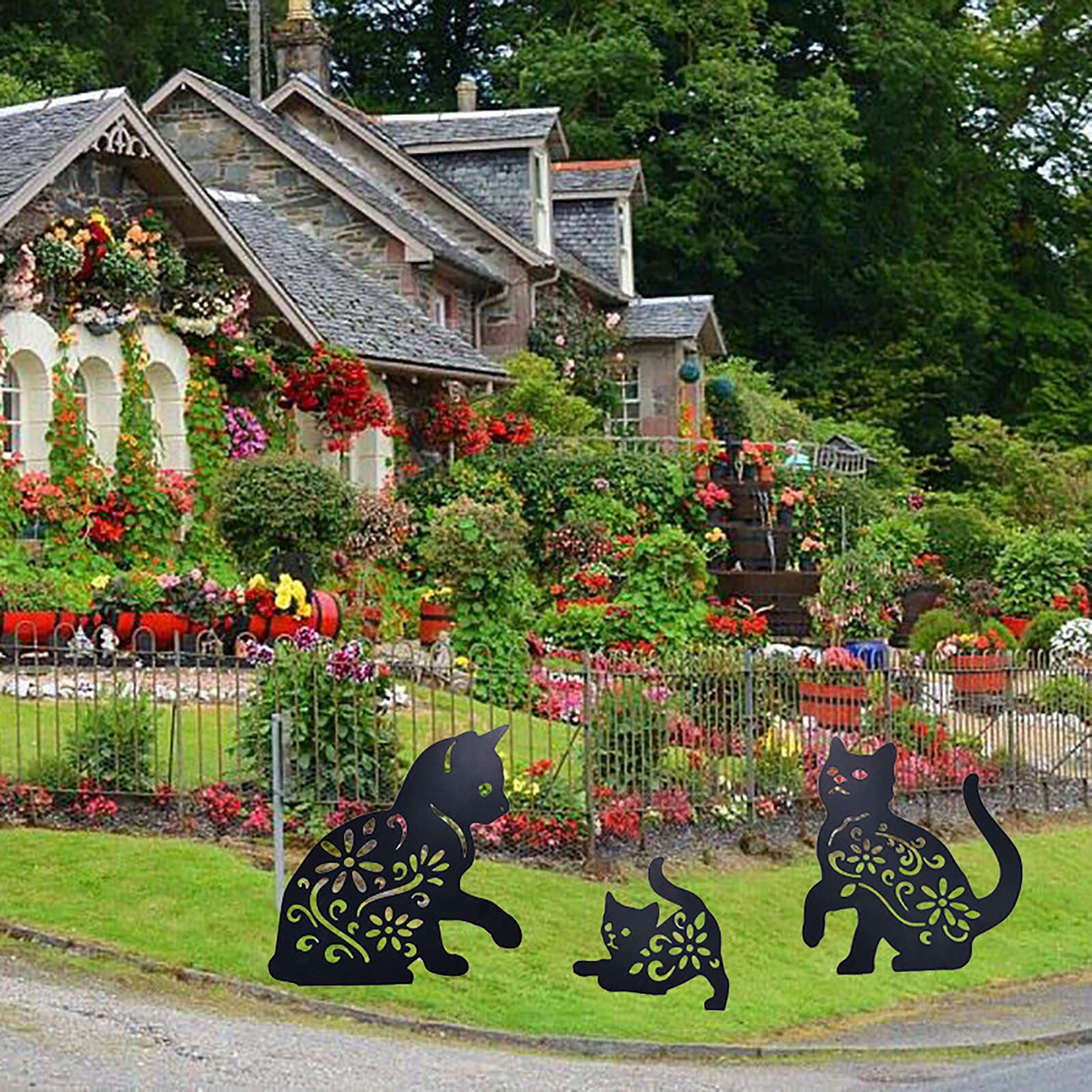 Statue en métal 2D en forme de chat, accessoires de décoration de jardin, insertion au sol, creux, décoration de pelouse extérieure