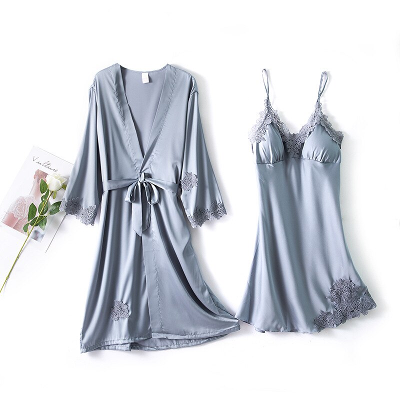 Bandage Robe Pajamas Sets Sleepwear Lace Bath Gown Women's Summer Satin Sexy With Chest Pad Dress Two-Piece Suit Night Dress: Gray / L