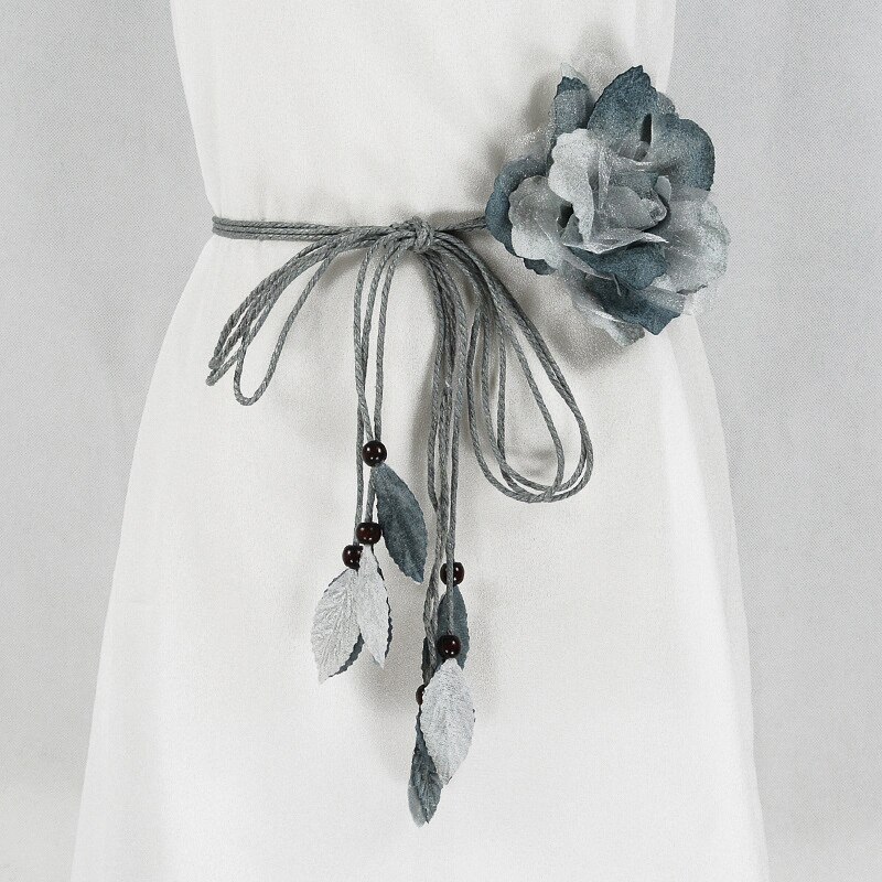Ceinture longue en mousseline de soie pour femmes, avec pompon décoratif, grande fleur, fine, coréenne, nouée: GRAY