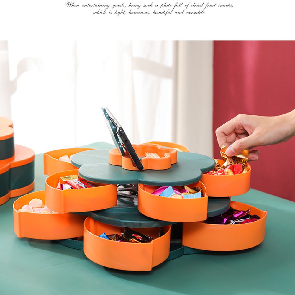 Boîte à bonbons rotative à pétales, plateau à fruits en forme de fleur à double couche contenant plateau à fruits secs en plastique multifonctionnel