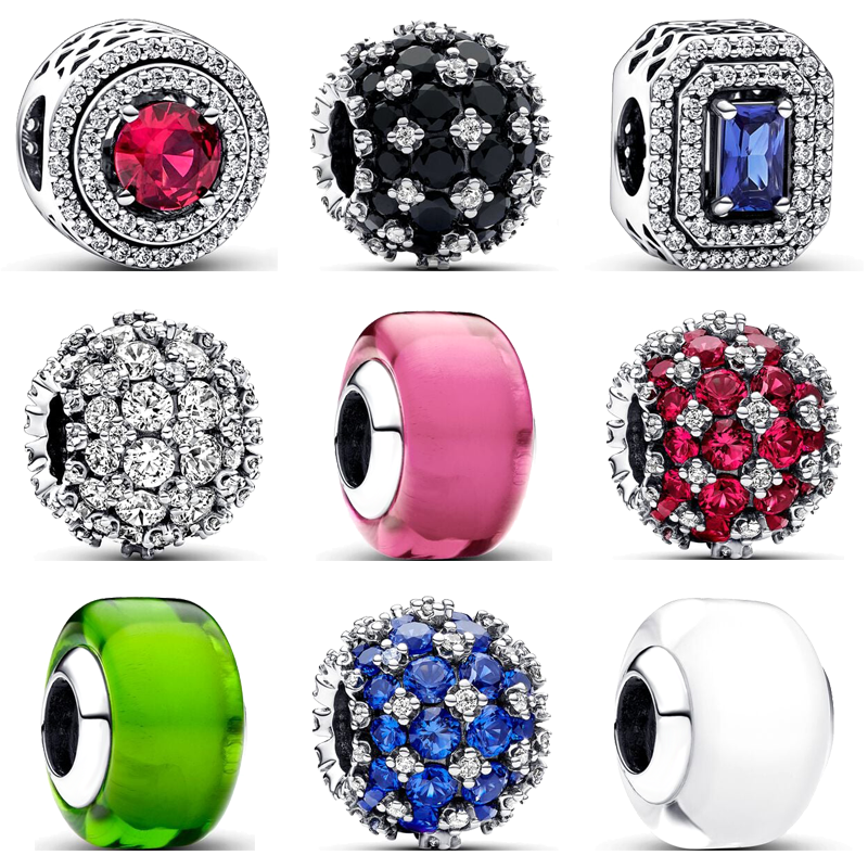 Cuentas redondas de plata 925, cristal de Murano blanco, rojo, verde, negro, azul, rojo, circonita brillante, compatible con pulsera Pantaro, de joyería fina