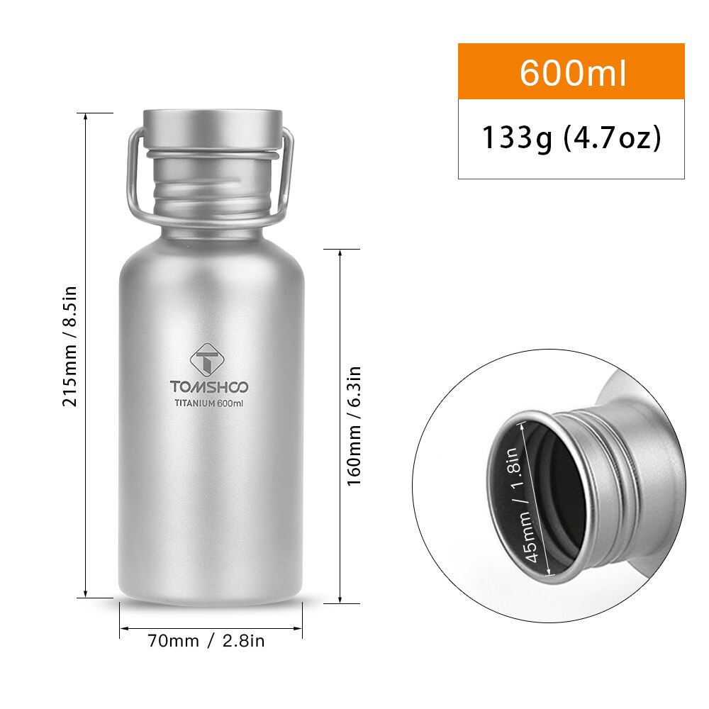 Tomshoo Full Titanium Water Fles Ultralight Outdoor Camping Wandelen Fietsen Water Bottle Met Extra Plastic Deksel: 600ML