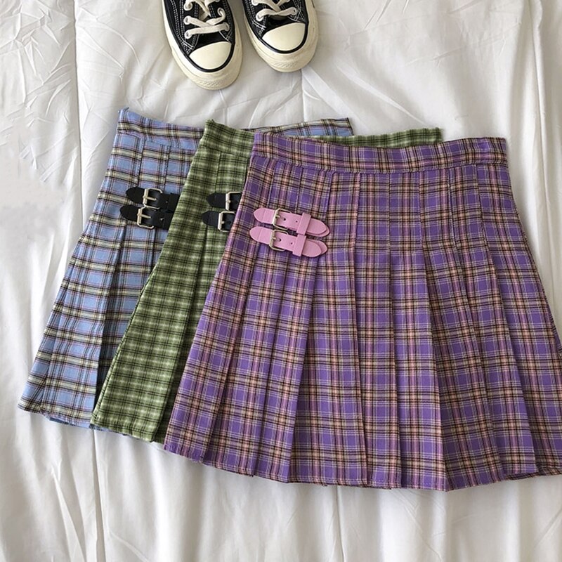 Summer Casual Women Skirts Harajuku Student Korean Pleated Skirt High Waist Female Sweet Mini Plaid Cute Kawaii Skirts