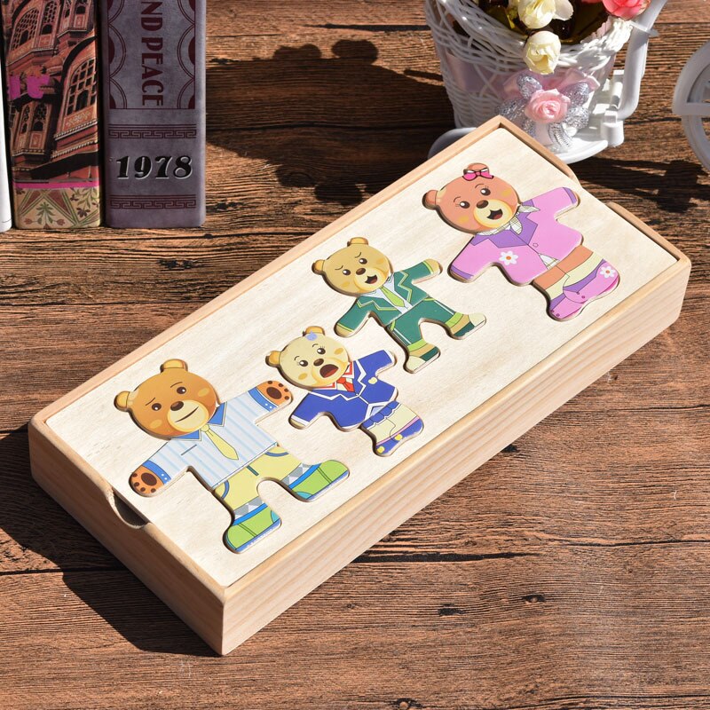 Kinderen Houten Puzzel Set Baby Educatief Speelgoed voor Kinderen Beer Omkleden Puzzel PuzzlesToys