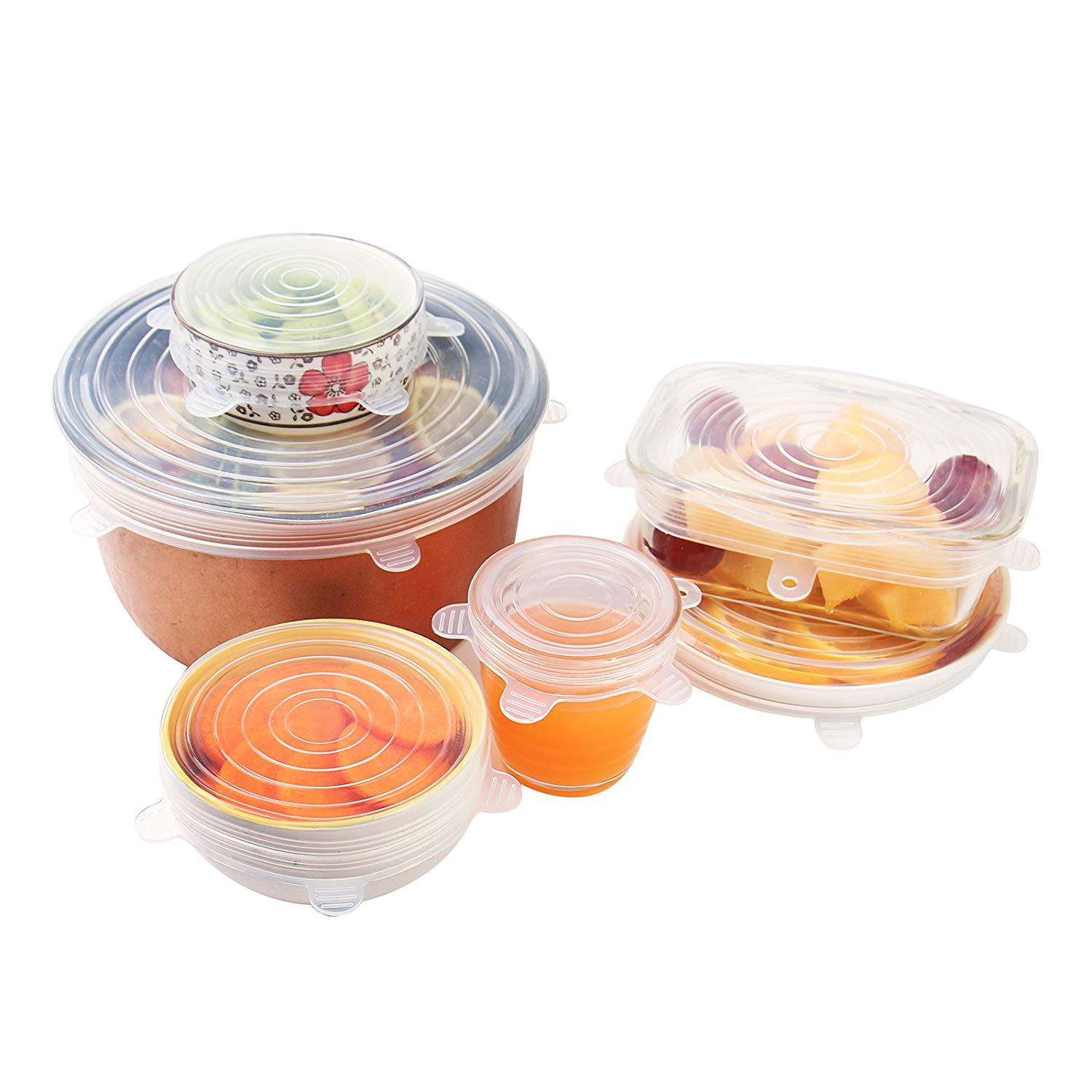 Juego de tapas de silicona reutilizables para alimentos, tapas universales para utensilios de cocina, accesorios de tapas para cocina, 6 uds.: white