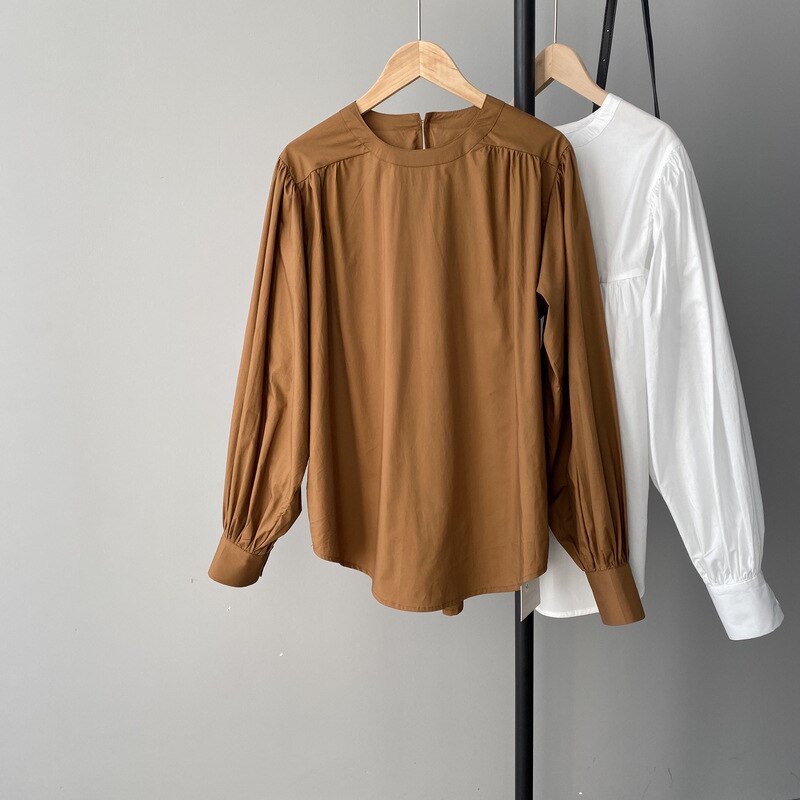 Manera de la linterna de La Manga primavera blusa camisas casuales de las mujeres O cuello suelto Casual Tops blusa nueva liso Simple Camisas de mujer CRRIFLZ