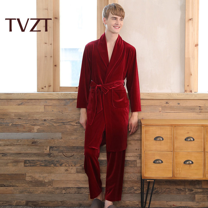 Tvzt Male Pajamas Set Polyester Full Trousers Men 2pcs/set Warm Thicken Flannel Autumn Winter Man Home Clothes Plus Size