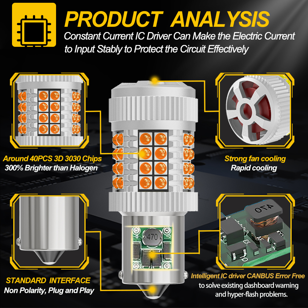 Car BAU15S PY21W LED Bulb Amber Canbus Error Free No Hyper Flash Turn Signal Lights 1156 Ba15s P21W T20 7440 W21W WY21W 1157 Luz