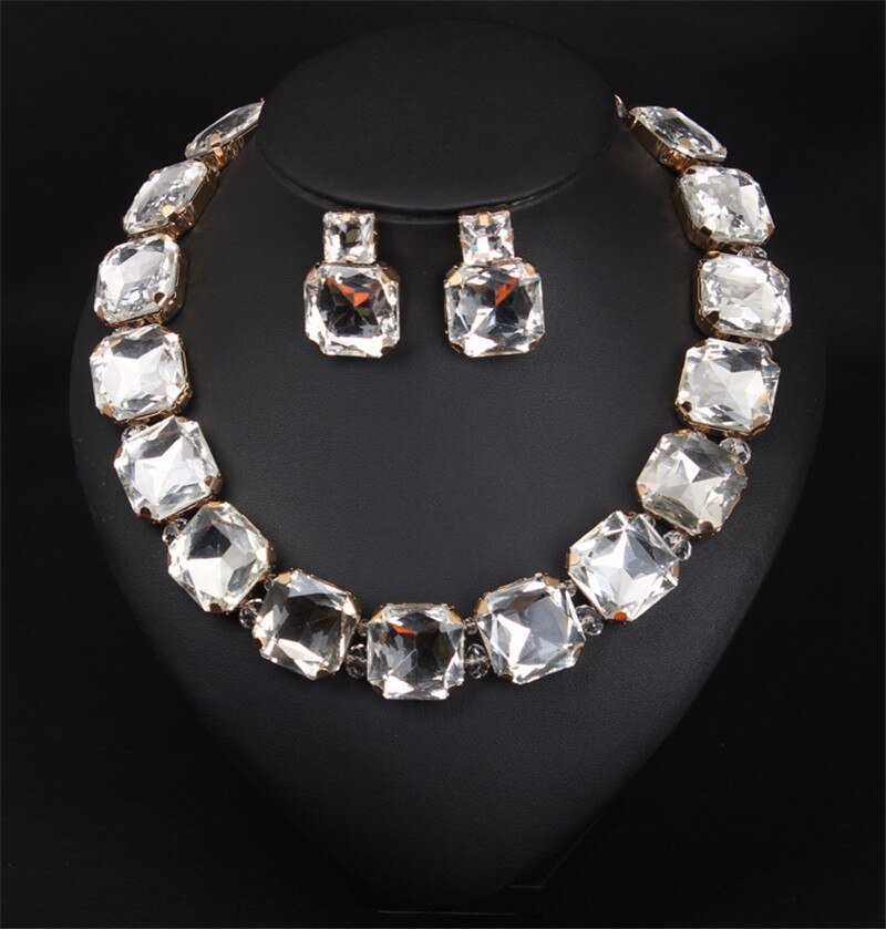 Bohemian Geometric Red Crystal Bridal Wedding Jewelry Sets For Women Statement Rhinestone Gold Color Clavicle Luxury Jewelry: White