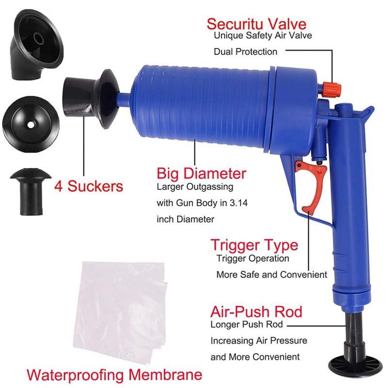 Clogging Machine Air Blowdown Spray Gun High Pressure Powerful Manual Plunger Tube Toilet Sink Bathtub Kitchen Cleaner