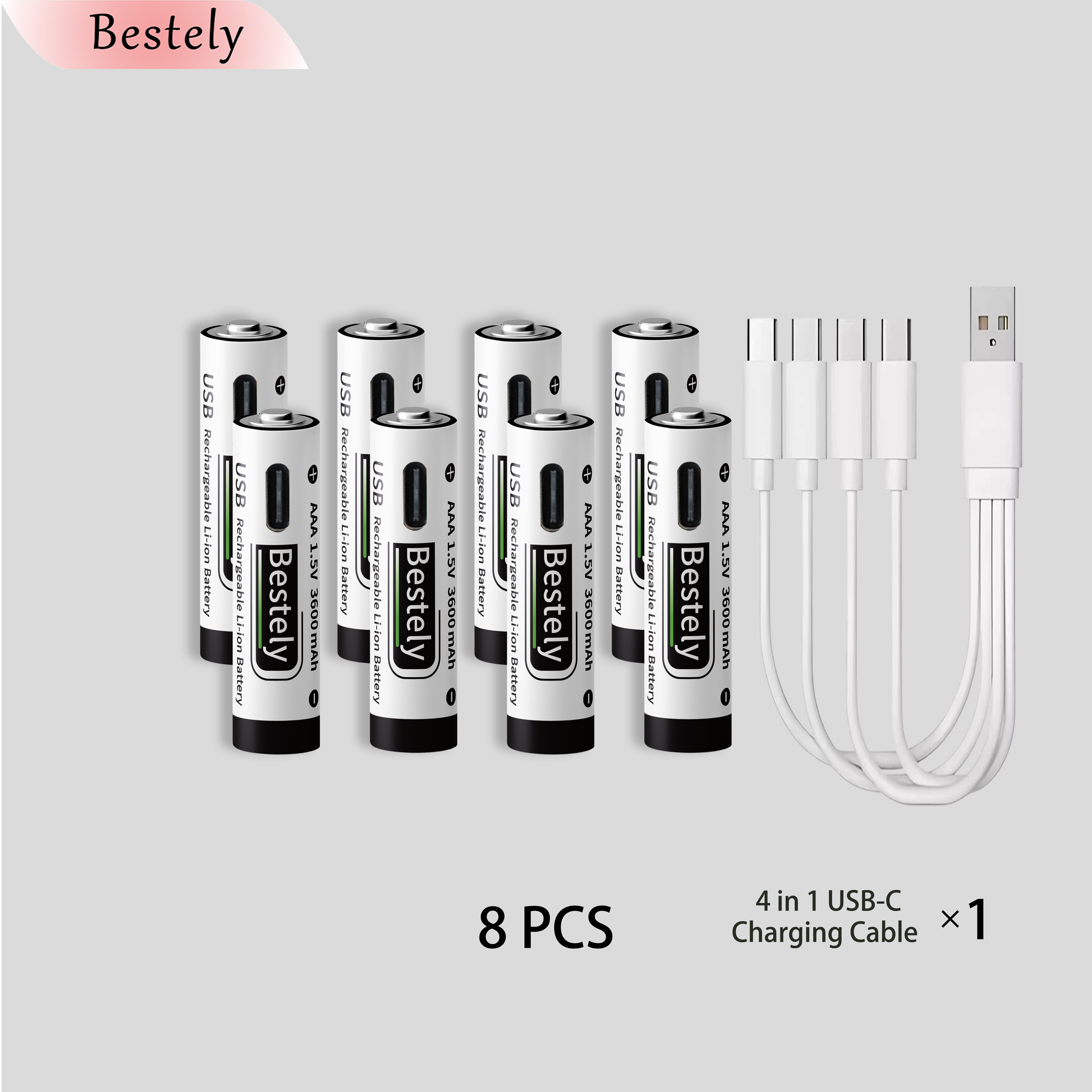 USB-C 1.5v AAA 3600mAh Rechargeable Lithium ion Battery,Rechargeable AAA Li-ion Type-C Battery,2000 times cycle with Cable: Beige