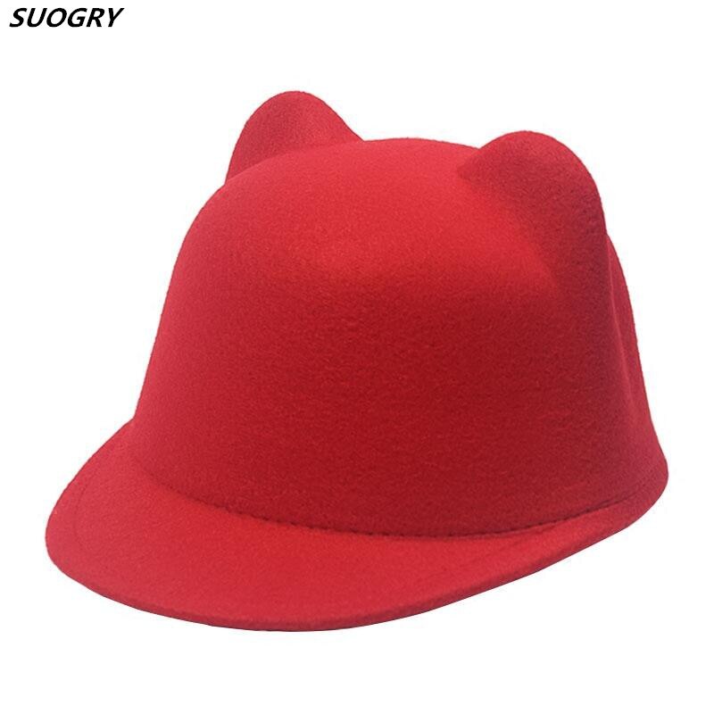 SUOGRY Mother daughter felt fedora hat child adult solid color cat ears short brim hat for women men equestrian knight caps