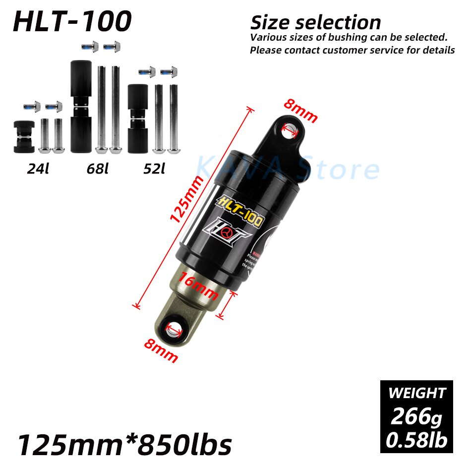 HLT-100 Mountain bicycle Rear Shocks 125/150/165/185mm 850/1000 lbs Aluminum alloy Oil Spring Shock for e-bike Snow Bike: 125mm x 850lbs