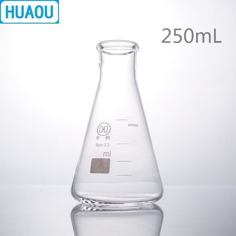 HUAOU-frasco Erlenmeyer de 250mL, borosilicato, 3,3 de vidrio, cuello estrecho, frasco triangular cónico, equipo de química de laboratorio