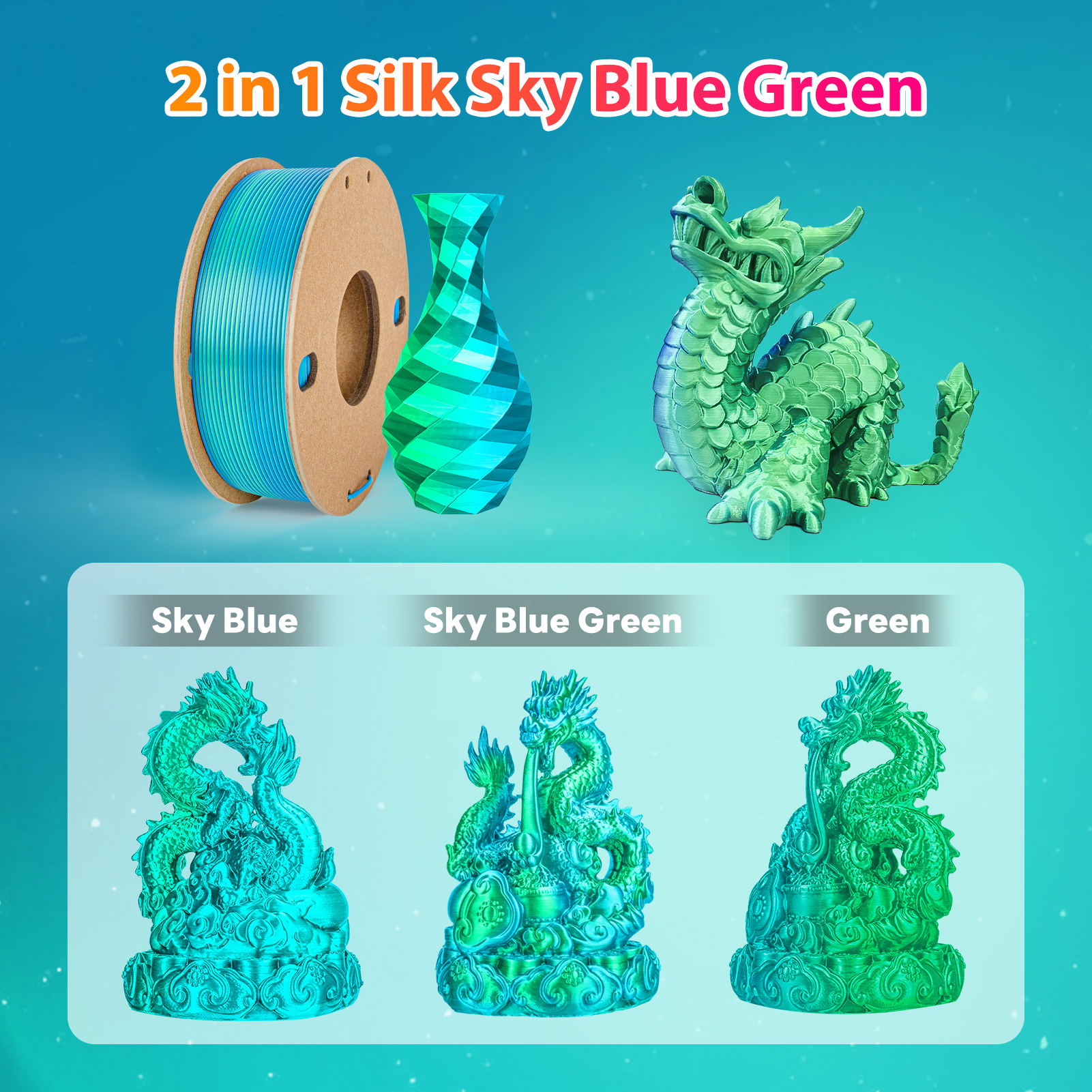 Seiden-PLA-3D-Drucker-Filament, 1,75 mm, 250 g, zweifarbiges 3D-Druckfilament, PLA-3D-Druckfilament, 2-in-1-Farbe, Himmelblau, Grün