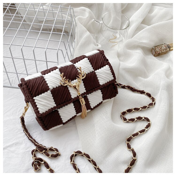 DIY Handcraft Shoulder Bag Making Materials Package Weaving Bag Grid Handmade Supplies Woman Bag Selfmade Sewing Accessories: Coffee