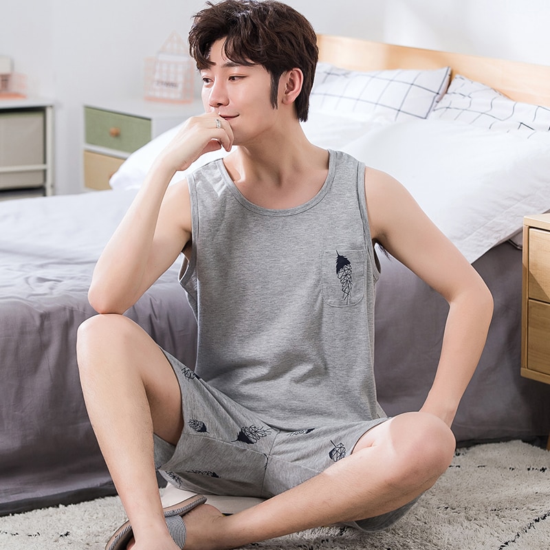 Conjuntos de pijama para hombre, L-XXXXL, chaleco de verano, pijama sencillo, pijama de algodón de Camiseta corta para hombres, pantalón, prendas de vestir de ocio