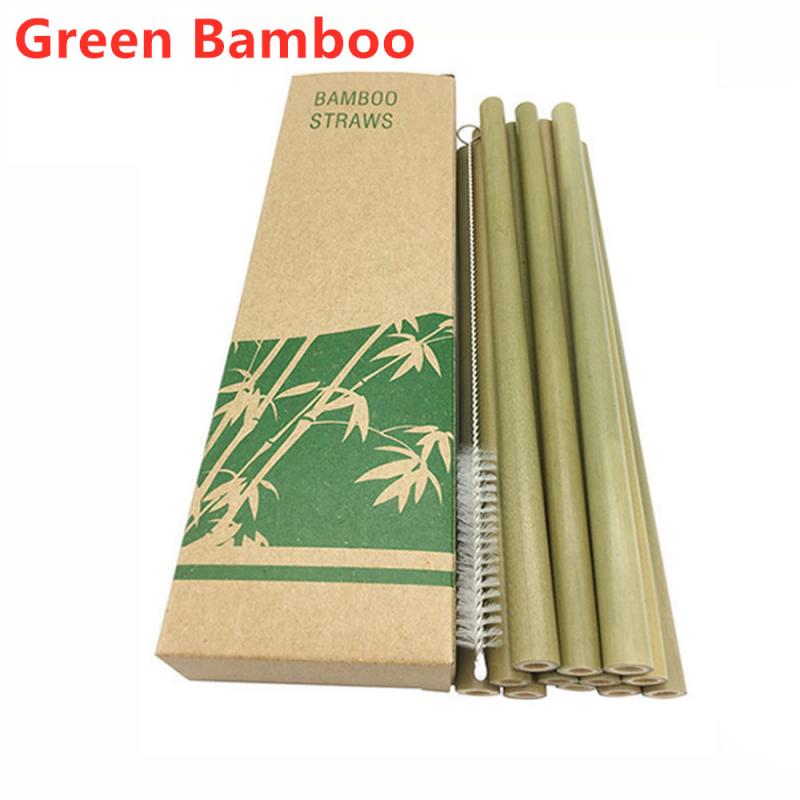 10 stk / sæt naturligt bambus halm genanvendeligt drikke sugerør med etui + ren børste miljøvenlige bambus sugerør bar værktøjer: Grøn bambus