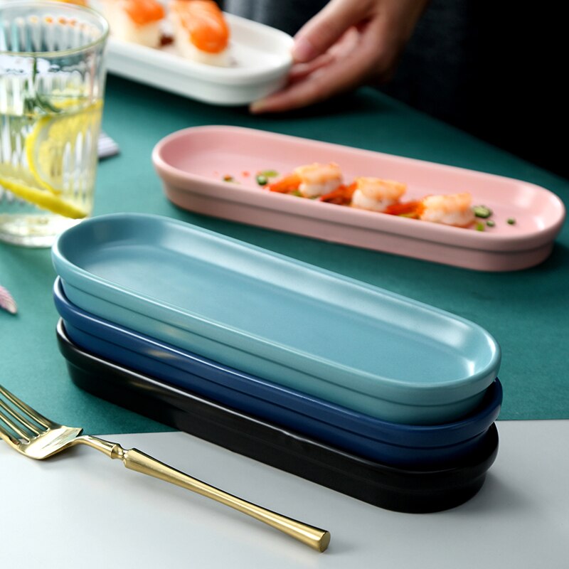 Oval Rectangular Ceramic Plates Pink Simple Long Plate Oven Dish Breakfast Flat Plate European Style Salad Cutlery