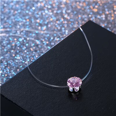 1 Pcs Brightly Colorful Black Pink Blue Circle Zircon Necklace Metal Color Invisible Clavicular Chain Necklace For WomenN26-T2: Pink