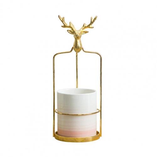 Maceta de cerámica con cabeza de ciervo decorativa, marco de hierro, maceta resistente para jardín: Pink L